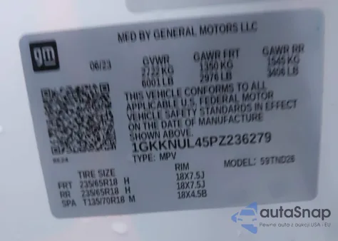 2023 GMC Acadia Slt z USA, uszkodzony, nr VIN 1GKKNUL45PZ236279